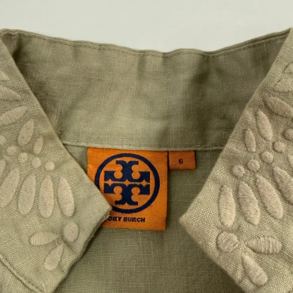 Tory Burch 100% Linen Tunic Top 6 Embroidered Mandarin Collar Natural *flaw